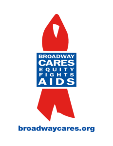 Broadway Cares Equity Fights AIDS logo, a red ribbon with a blue box placed over it with white text and the organization's web address